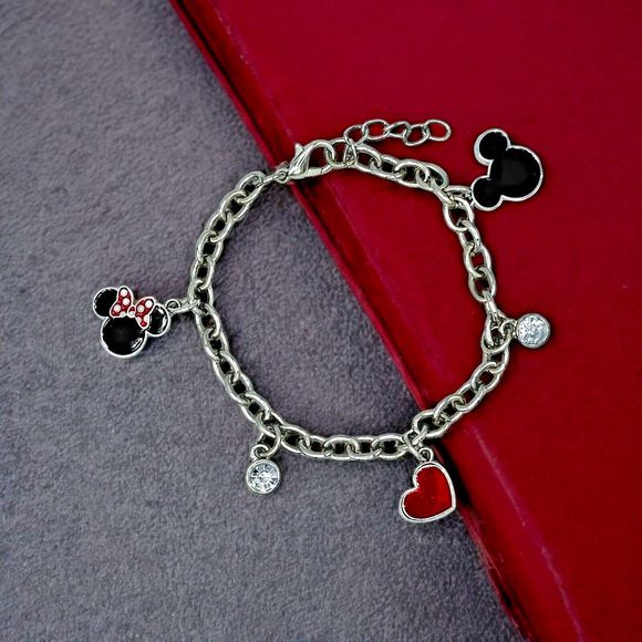 Disney Charm Bracelet Mickey Minnie Mouse Rhinestone Dangle - Picture 1 of 8